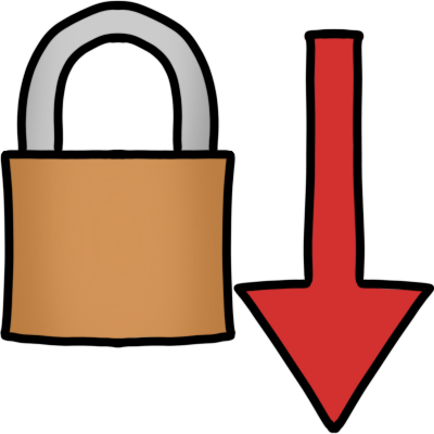 a closed padlock next to a red downwards arrow